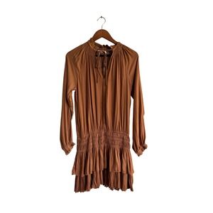 Mustard Seed Smocked‎ Ruffle Mini Dress Tie Neck Long Sleeve Brown Size S